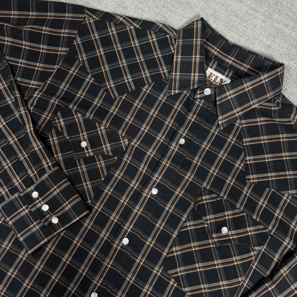 Ely Cattleman Pearl Snap Western Shirt Men's Large Black Plaid Cowboy *